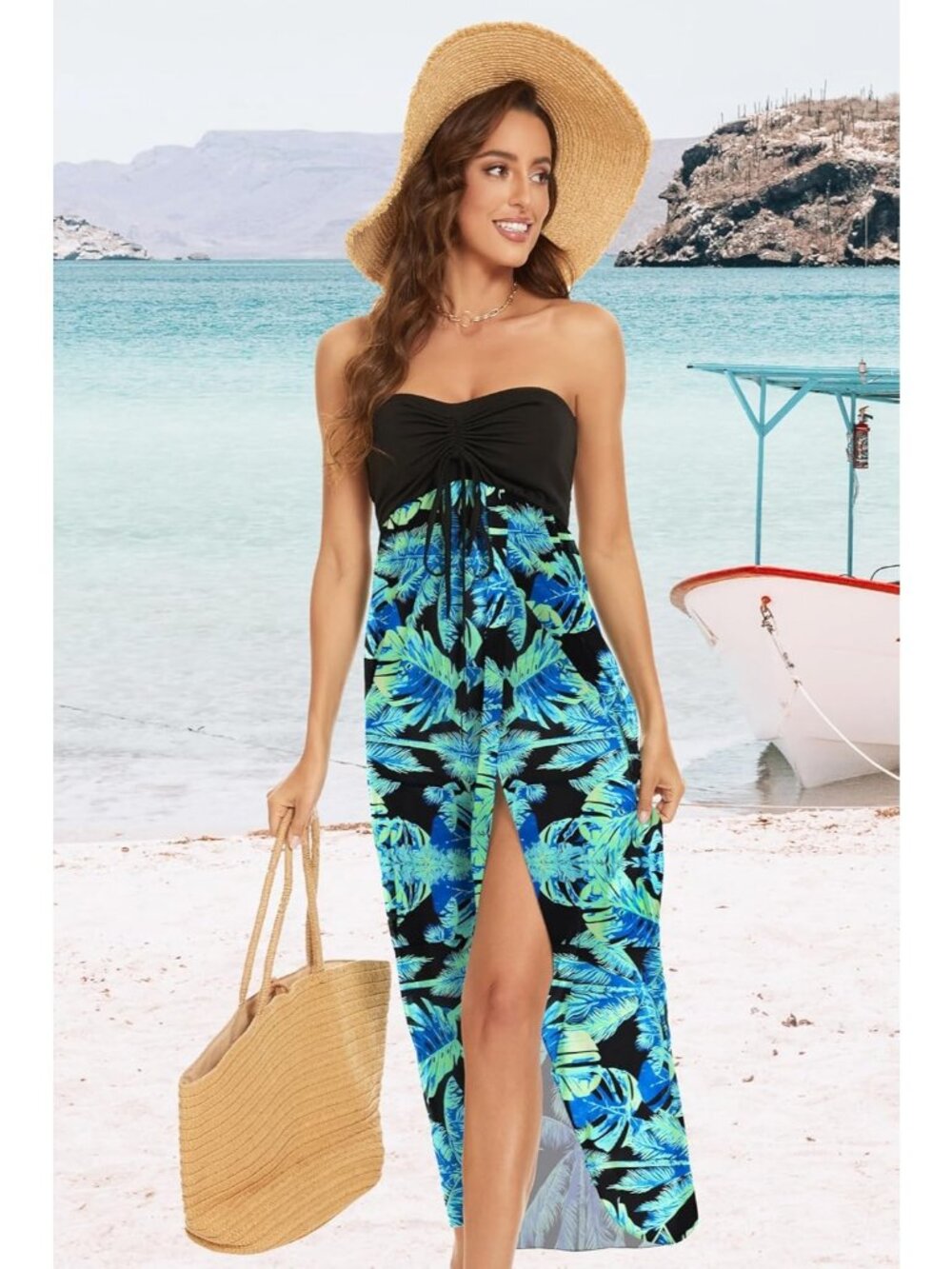 Women's Black Light Blue Cover Ups Strapless Beach Asymmetrical Maxi Dress - Picture 5 of 6